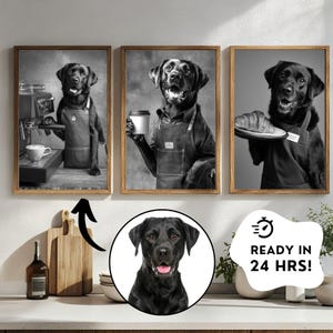 Custom Dog Cafe Art Print Set, Pet Dog Drinking Coffee Poster, Barista Dog Wall Art, Bar Cart Decor, Personalized Present for Coffee Lovers