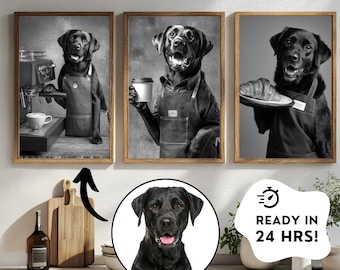 Custom Dog Cafe Art Print Set, Pet Dog Drinking Coffee Poster, Barista Dog Wall Art, Bar Cart Decor, Personalized Present for Coffee Lovers