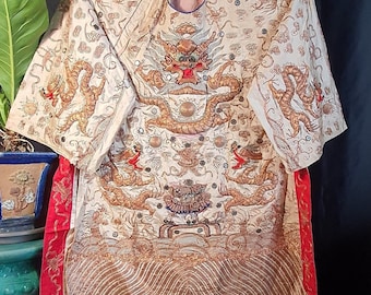 Rare Antique Qing Chinese Teochew Dragon Silk Robe