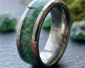 Green Aventurine Inlay Titanium Ring, Moss Agate Band, Rustic Wedding Jewelry