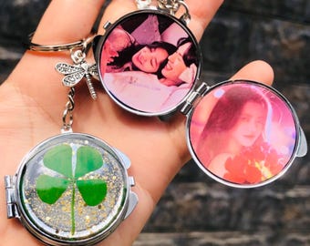 Personalized Four Leaf Clover Photo Locket Keychain, Custom Name Anniversary Gift