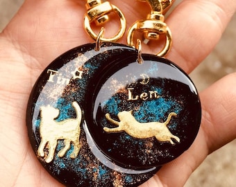Couple Galaxy Cat Keychain Set, Handmade Resin Charm