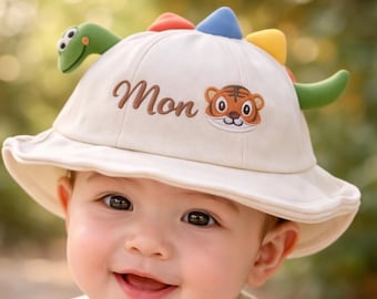 Personalized Dinosaur Bucket Hat, Custom Name Embroidery Kid Sun Hat, Toddler Summer Dino Horns