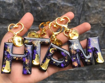Personalized Cat Initial Keychain, Witchy Resin Charm, Pet Lover Gift