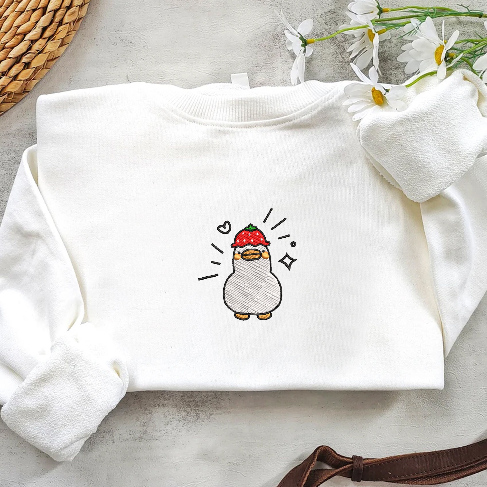 Discover Embroidered Duck Duck Sweater, Duck Sweatshirt, Farm Animals Embroidery Sweatshirt, Strawberry Duck Embroidered Crewneck