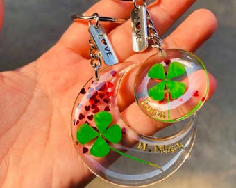 Four Leaf Clover Resin Keychain Set, Handmade Couple Gift