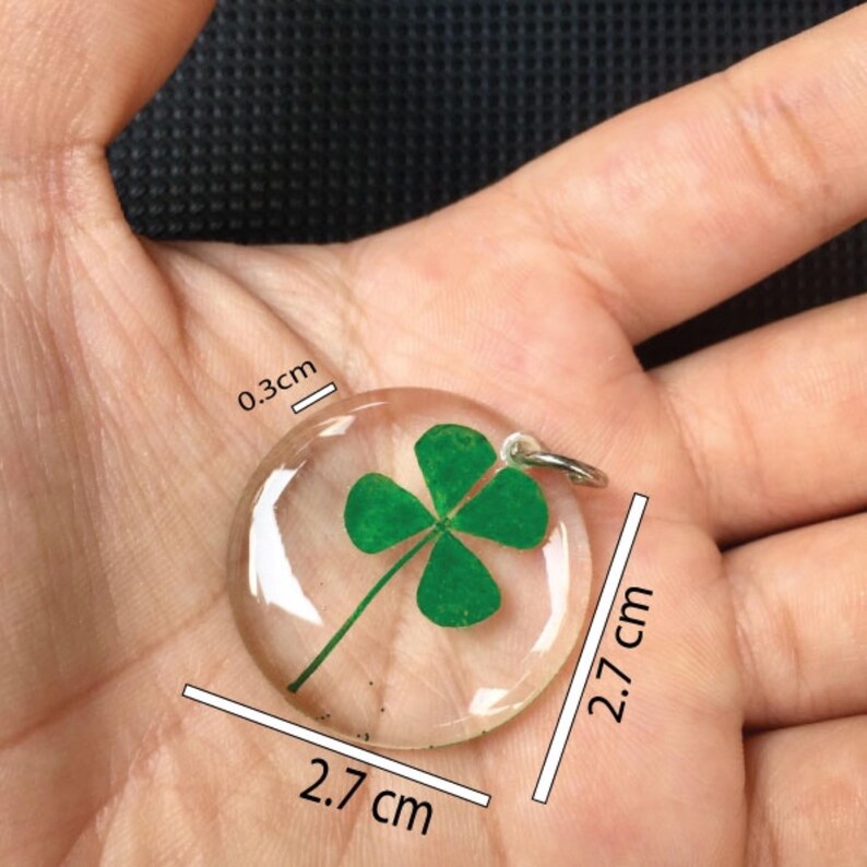 Op de afbeelding: Een heldere, ronde hanger met een groen klavertjevier erin. De hanger heeft een diameter van 2,7 cm en is 0,3 cm dik. Het heeft een zilverkleurige lus om aan een ketting of sleutelhanger te bevestigen.