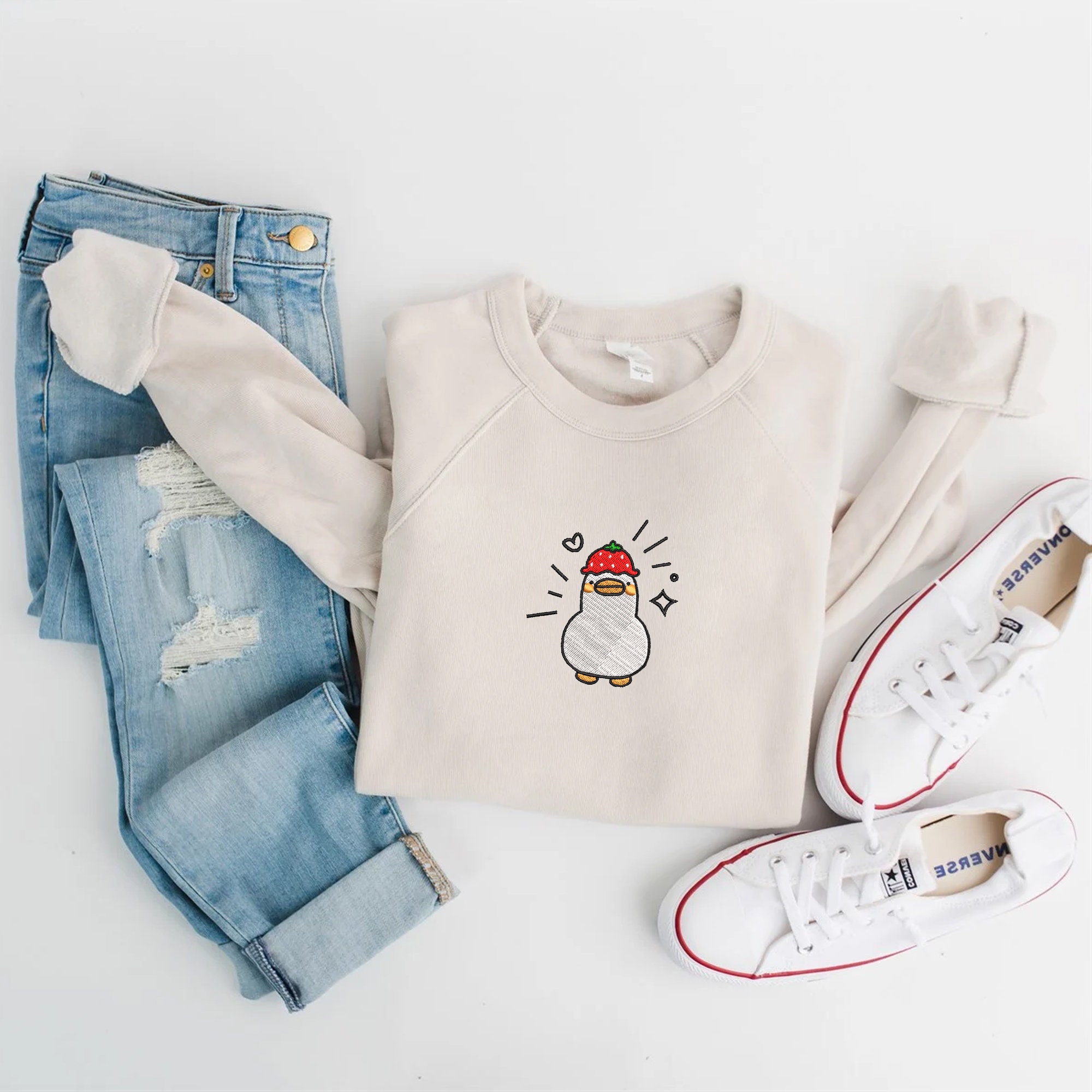 Discover Embroidered Duck Duck Sweater, Duck Sweatshirt, Farm Animals Embroidery Sweatshirt, Strawberry Duck Embroidered Crewneck