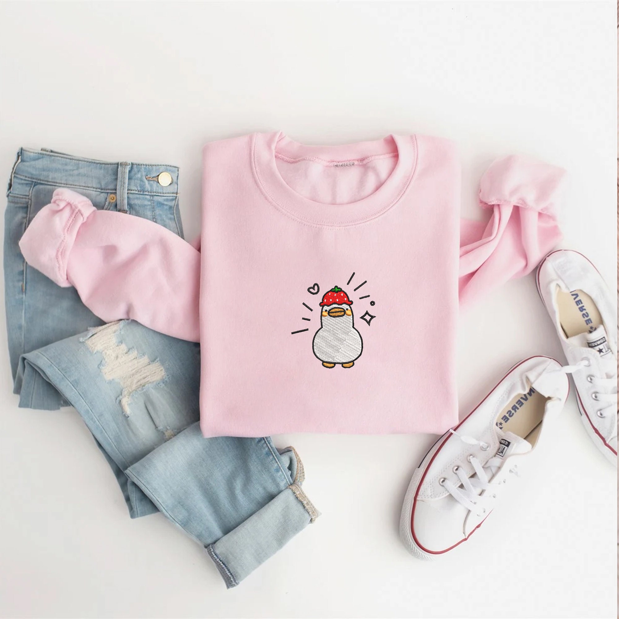 Discover Embroidered Duck Duck Sweater, Duck Sweatshirt, Farm Animals Embroidery Sweatshirt, Strawberry Duck Embroidered Crewneck