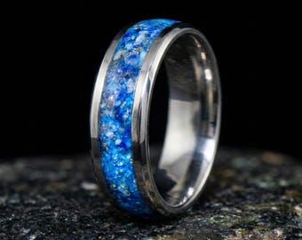 Handmade Lapis Lazuli Inlay Titanium Ring - Rustic Blue Stone Wedding Band for Men & Women