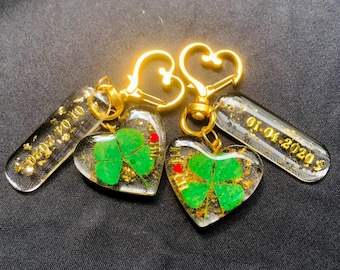 Real Four Leaf Clover Resin Heart Keychain, Personalized Good Luck Charm