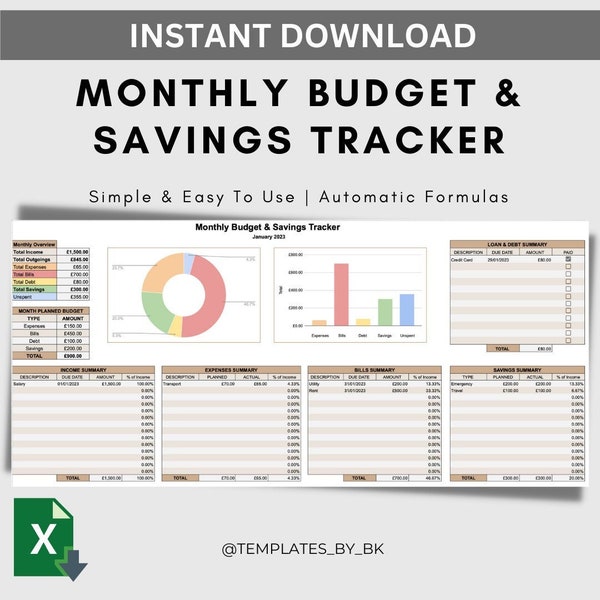 Microsoft Excel, Monthly Budget & Savings Tracker, 2023 Budget Planner, Simple Savings Tracker, Finance and Accounts Tracker, Spreadsheet