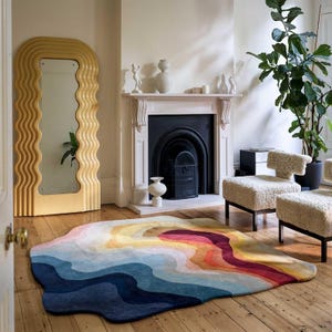 Modern Irregular Shape Premium Raunbow Color Woolen Hand Tufted Area Rug Handmade For Living And Dining Room, Bedroom And Home