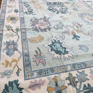 Hand-Knotted Turkish Oushak Rug: Large Wool Area Carpet, Muted Ivory Gray & Blue