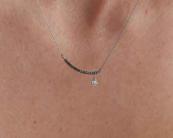 14K Gold Bar Necklace, Black Diamond Pendant, Dainty Necklace
