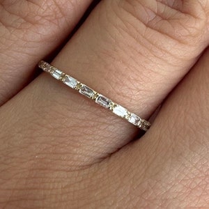 Baguette Diamond Band, 14k Yellow Gold Half Eternity Baguette Diamond Stackable Ring, 1.0MM Ultra Thin Baguette Diamond Wedding Ring