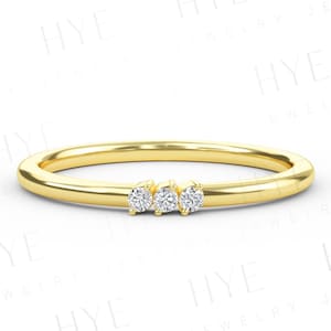 Diamond Ring, 14K Gold 3 Stone Wedding Band, Minimalist Diamond Band, Thin Gold Stacking Ring, 1.5MM Triple Stone Ring, Anniversary Ring