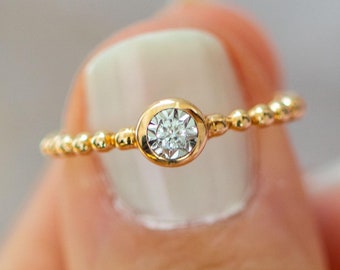 14K Gold Bezel Diamond Ring: Dainty Stackable Wedding Band