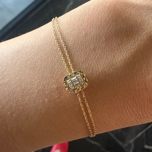 Baguette Diamond Bracelet, 8K Gold Baguette and Round Diamond Bracelet, White Gold Bracelet for Women, Dainty Bracelet