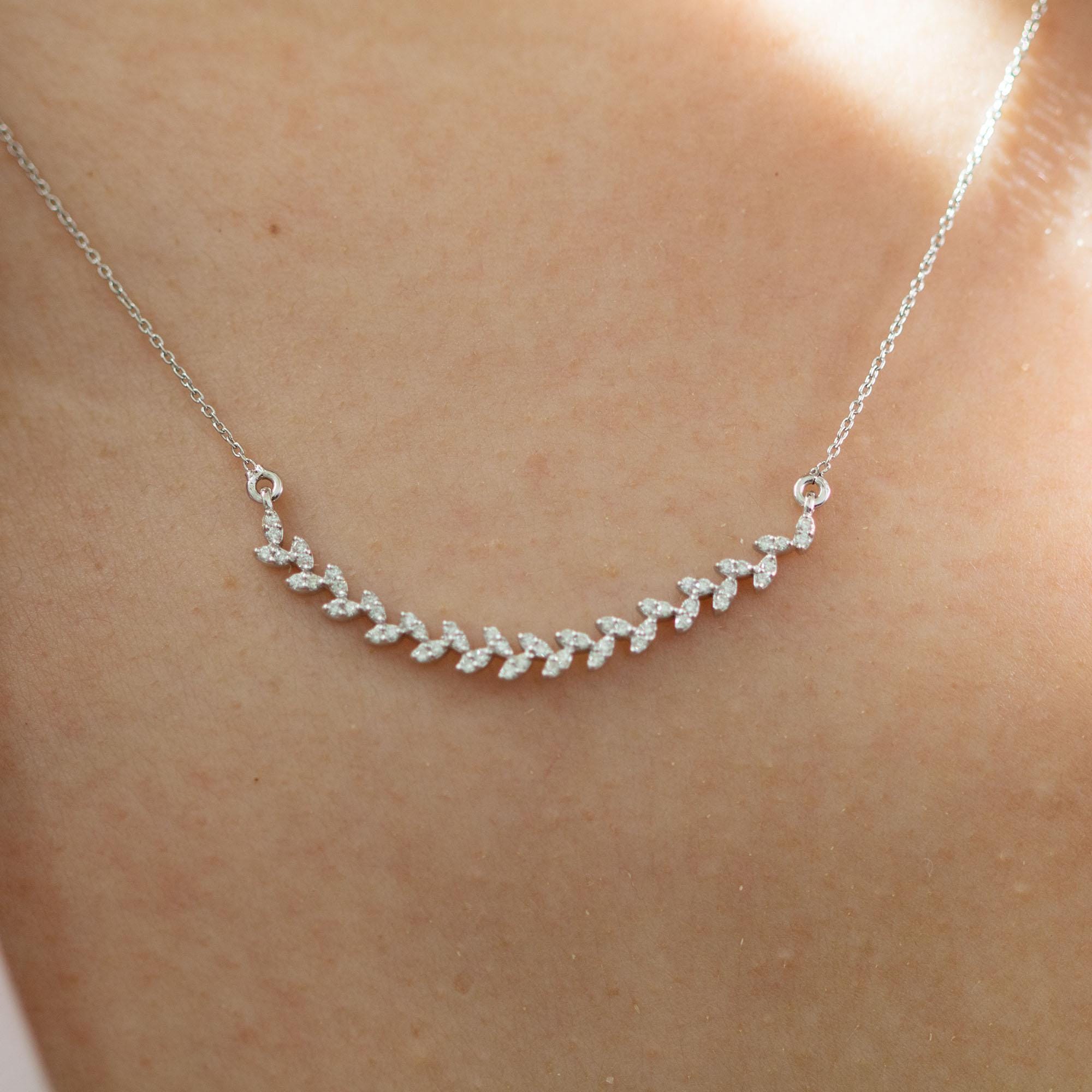 14K Gold Vine Necklace With Sparkling Diamonds, Elegant Leaf