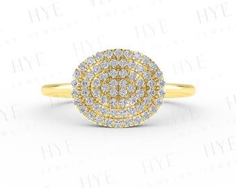 14K Gold Micro Pave Diamond Ring: Oval Statement Anniversary Band