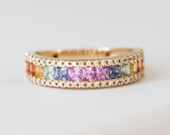 14K Gold Rainbow Sapphire Ring: Princess Cut Diamond Band