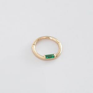 Emerald Hoop Earring, 14K Solid Gold Dainty Cartilage Earring, 10MM Baguette Cut Emerald Hinge Hoop Earring , Minimalist Helix Earrings