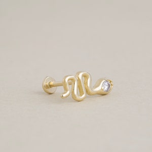 Snake Piercing, 14K Gold Snake Tragus Piercing, Helix Tragus Ear Stud, Zircon Snake Earring, Screw Back, 16G