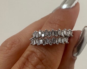 Baguette Diamond Ring, 14K White Gold Half Eternity  Zigzag Baguette Diamond Wedding Band, Stacking Ring