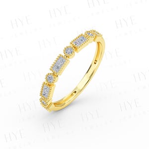 Fede nuziale in oro 14 carati con diamanti: anello a forma di principessa e taglio rotondo Miligrain