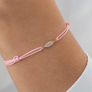 Pink Cord Bracelet: 14K Gold Marquise CZ Charm, Adjustable Jewelry