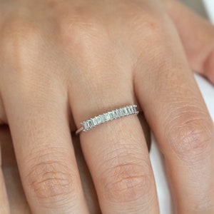 Baguette Diamond Ring, 14k Gold Baguette Half Eternity Diamond Band, Prong Set Baguette-Cut Wedding Band