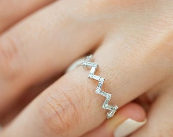 Zigzag Baguette Diamond Wedding Band: 14k Gold Geometric Ring