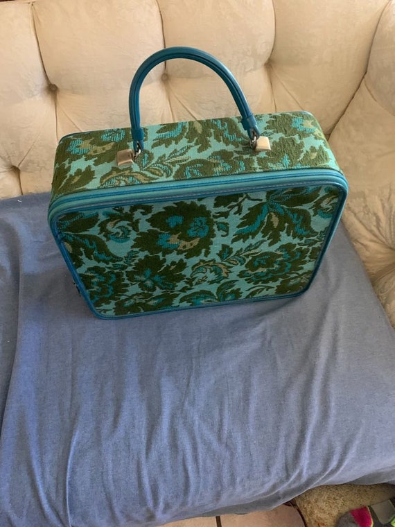 Suitcase, Vintage 60s Teal And Blue Tapestry Print