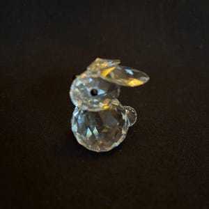 Puede incluir: Pequeña figura de conejo de cristal transparente con superficies facetadas. El conejo tiene ojos negros y orejas puntiagudas. La figura está sobre un fondo oscuro, resaltando su aspecto brillante. Un artículo decorativo.