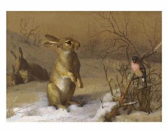 Kaninchen und Dompfaff Giclée Druck, Archibald Thornirn Poster