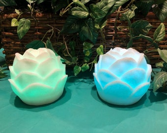 以下が含まれることがあります： 白い光る蓮の花の形をしたランプが2つ。1つのランプはターコイズブルーの光で、もう1つは緑色の光で点灯しています。