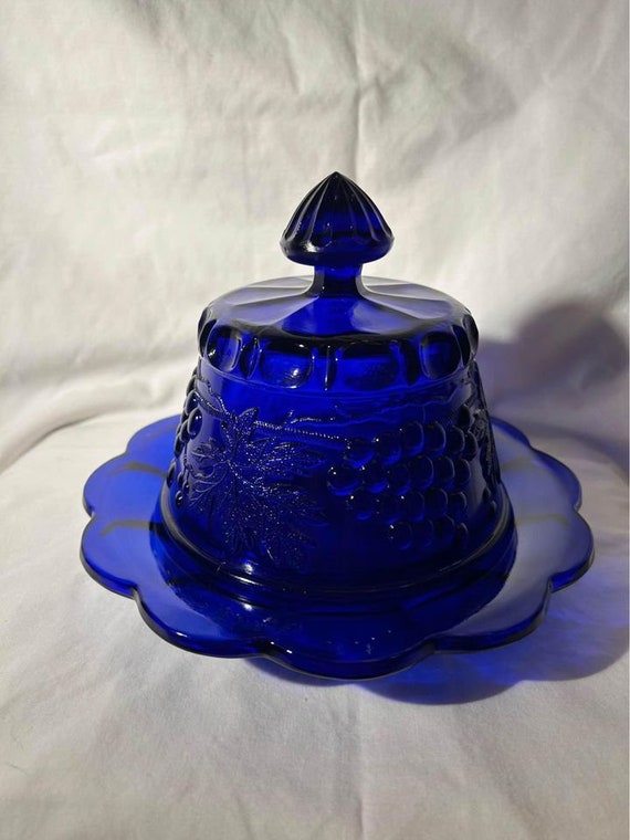 Vintage Butter Dish With Lid Grape Cable Mosser Colbalt Blue