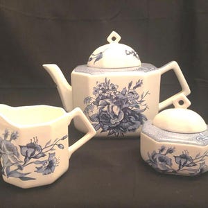 Vintage, Tekanna, Gräddkanna & Sockerskål-Foulard Barbra Wilson, Porta Portugal Blå Blommor