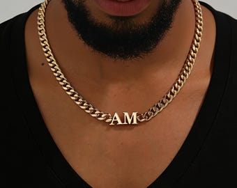 18K Gold 8mm Cuban Chain Name Necklace: Custom letter Necklace Women Men, Personalized Jewelry