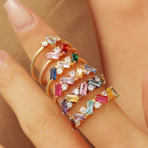 Dainty Baguette Birthstone Ring: Personalized Mothers Ring