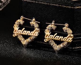 Personalized Name Bamboo Hoop Earrings: Stainless Steel Custom Nameplate