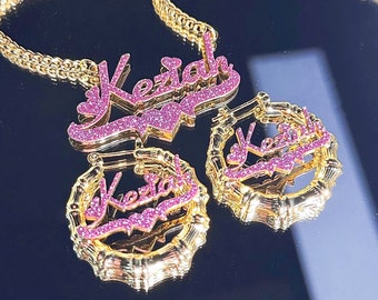 Kids Bling Name Earrings Necklace: Custom Bamboo Hoops, Personalized Jewelry Set