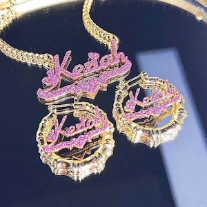 Kids Bling Name Earrings Necklace, Custom Name Bamboo Earrings, Name Earrings, Personalized Necklace, Nameplate Necklace, Gift for Kid Women