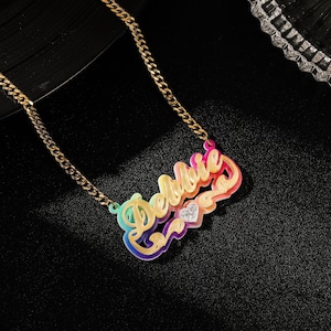 Acrylic Name Necklace for Kids | Multicolor Personalized Nameplate Pendant | Custom Jewelry Gift for Her | Gold Customized Cursive Necklace