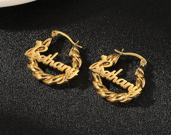 Custom Earrings Baby, Kids Name Earrings, Name Hoop Earring, Mini Twist Hoop Earrings, Gold Name Earrings, Kids Baby Jewelry, Gifts For Kids