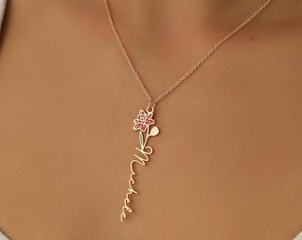 Custom Birth Flower Name Necklace: Personalized Floral Nameplate