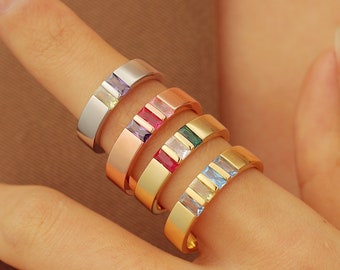 Dainty Wide Band Baguette Birthstone Ring: Personalized Family Ring