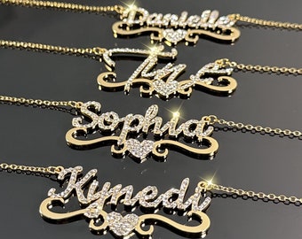 Collar de placa de identificación Bling, collar de nombre personalizado, collar de nombre de oro, collar de diamantes, collar personalizado, collar de nombre de guión, regalo personalizado