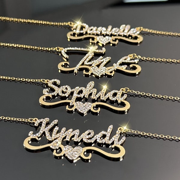 Bling Nameplate Necklace, Custom Name Necklace, Name Necklace Gold, Diamond Necklace, Personalized Necklace,Script Name Necklace,Custom Gift